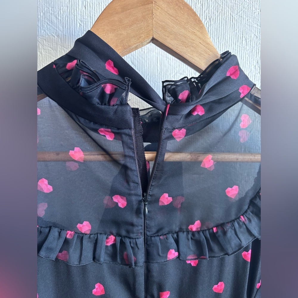 PORTS Silk Black Red Heart Pattern Long Sleeve Ruffle Bow Tie Mini Dress - Picture 12 of 14